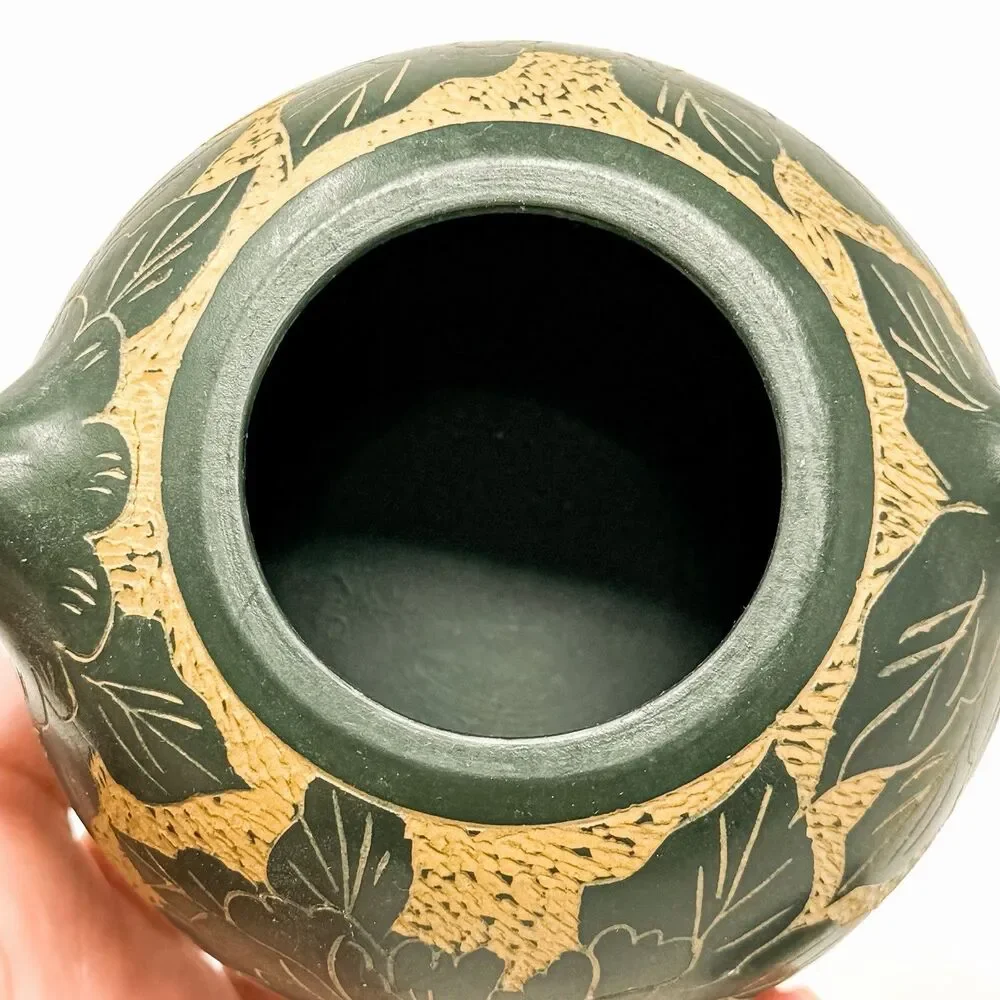 Vintage Yixing Zisha Teapot Chinese Carved Floral Green Clay Pottery Signed